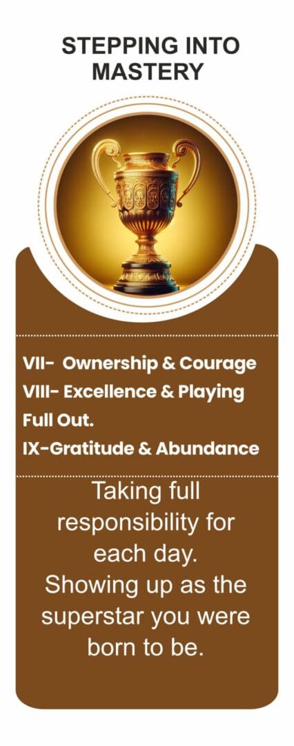 A trophy with the words " vii-ownership & courage viii-excellence & playing full out ix-gratitude & abundance."